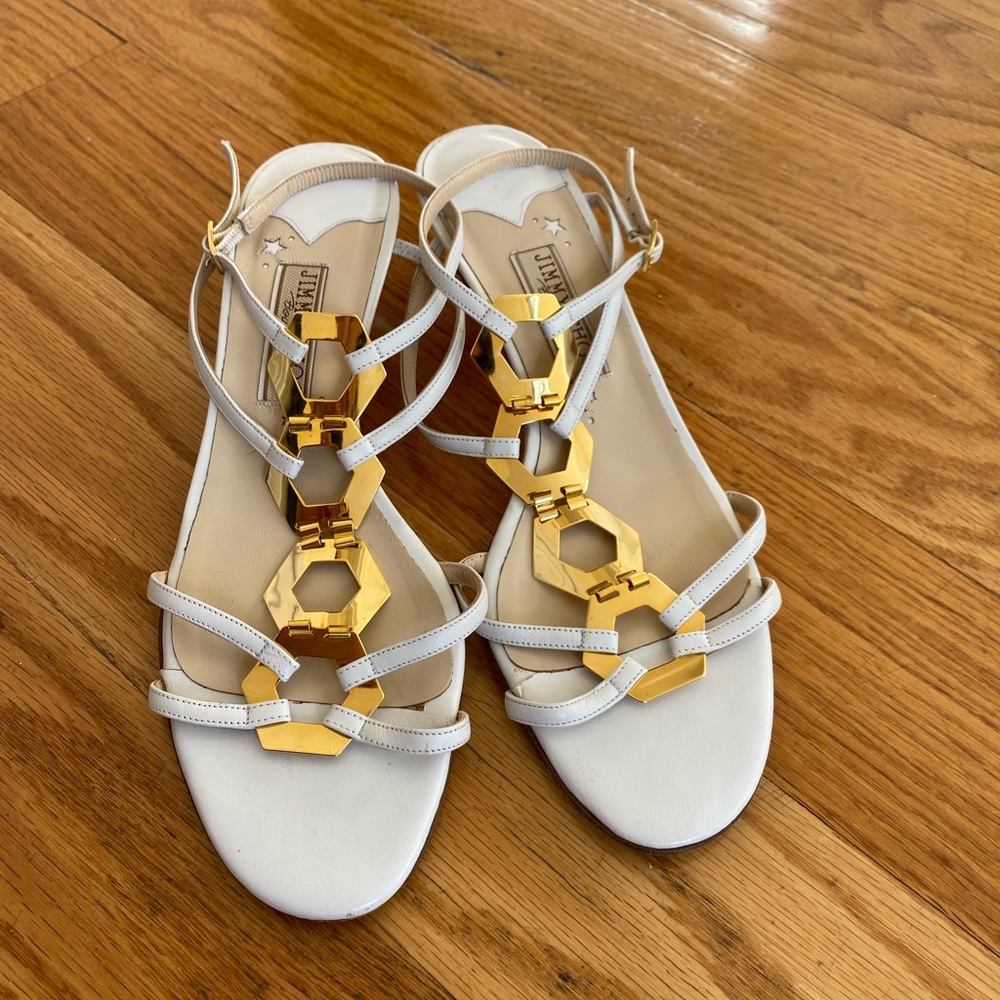 Jimmy Choo White Kitten Heel Sandals with Gold